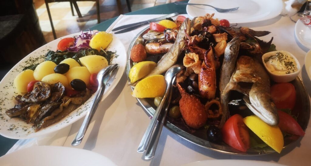 Large platter of fish and seafood. Locally caught fish.