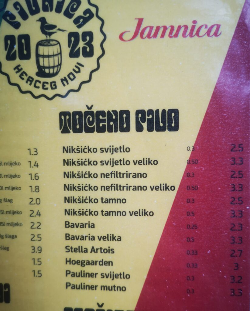 The 2023 menu from Pivnica Bar, Herceg Novi