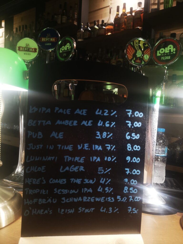 Menu of local craft beer in a pub in Malia