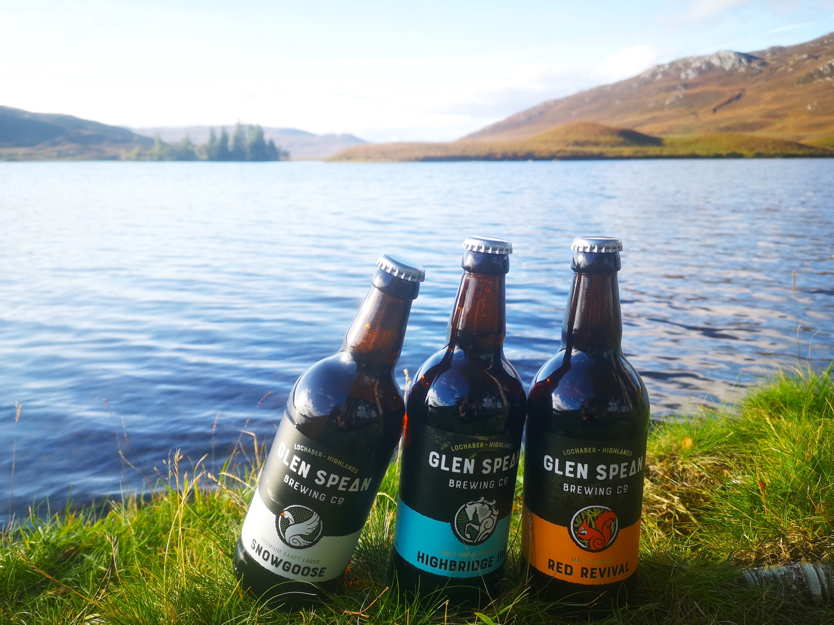 Three bottles of beer produced by Glen Spean Brewing Co, a local independent brewery, on the banks of Loch Tarff