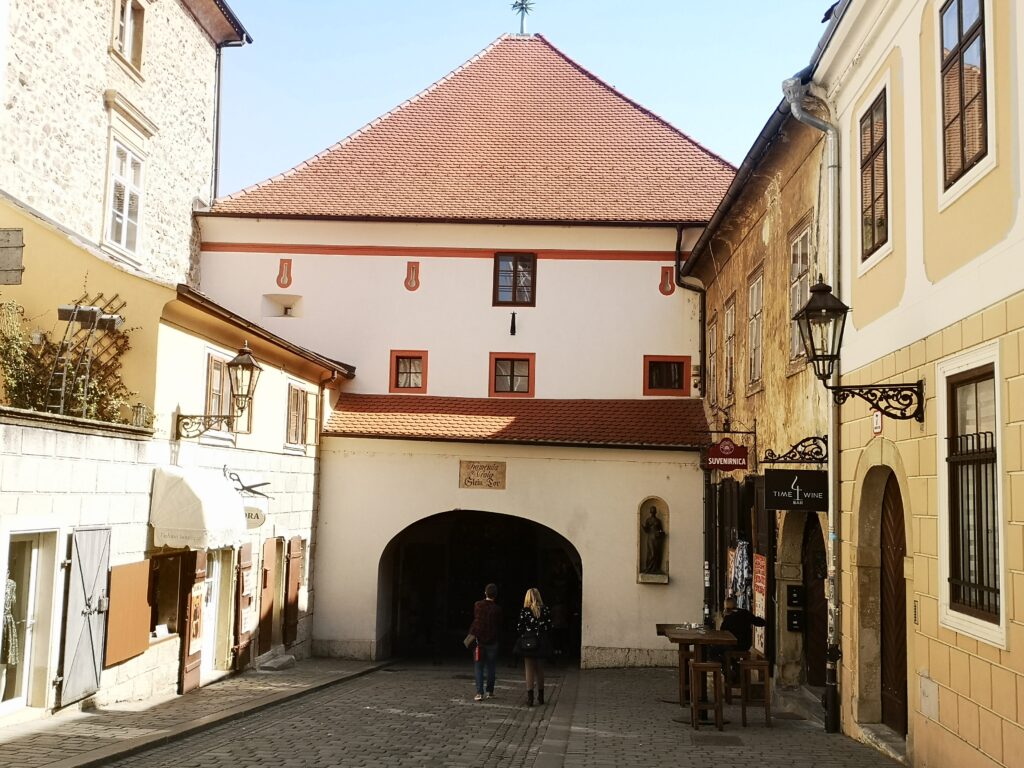 The stone gate from the outside, another city landmark.