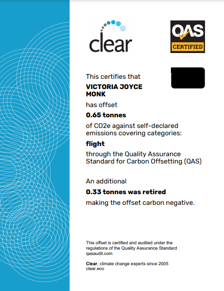 A certificate which indicates I have used carbon offsetting to offset 0.65 tonnes from my flights