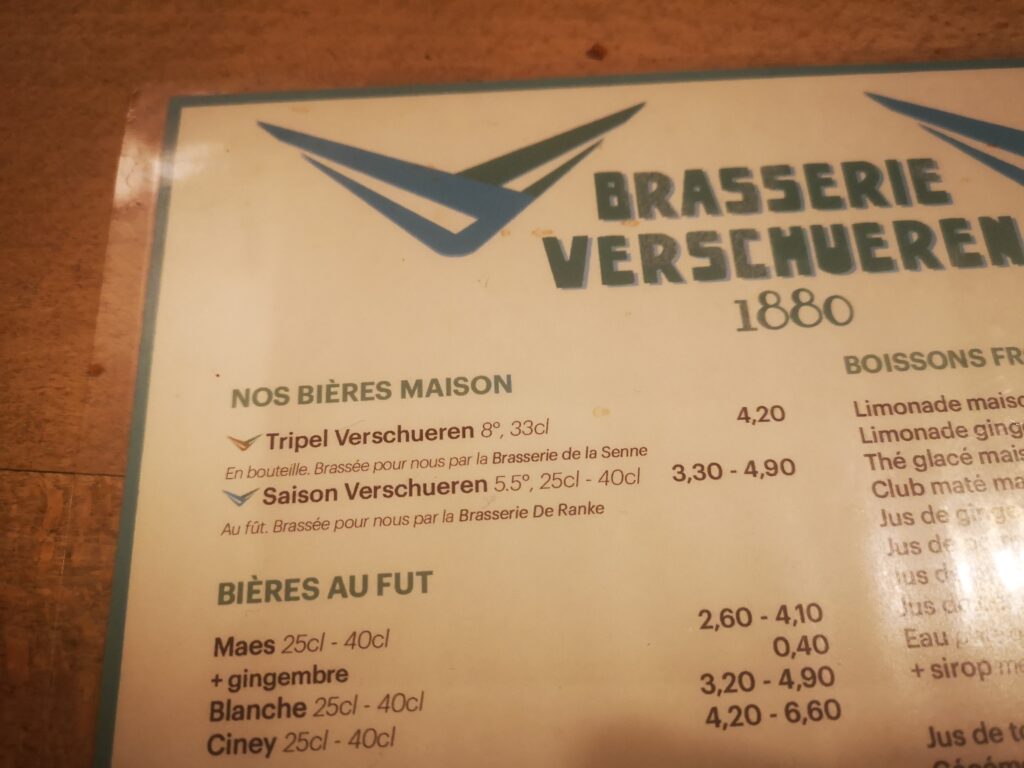 The Beer menu showing the local Belgian beers in the building of the Brasserie Verschueren