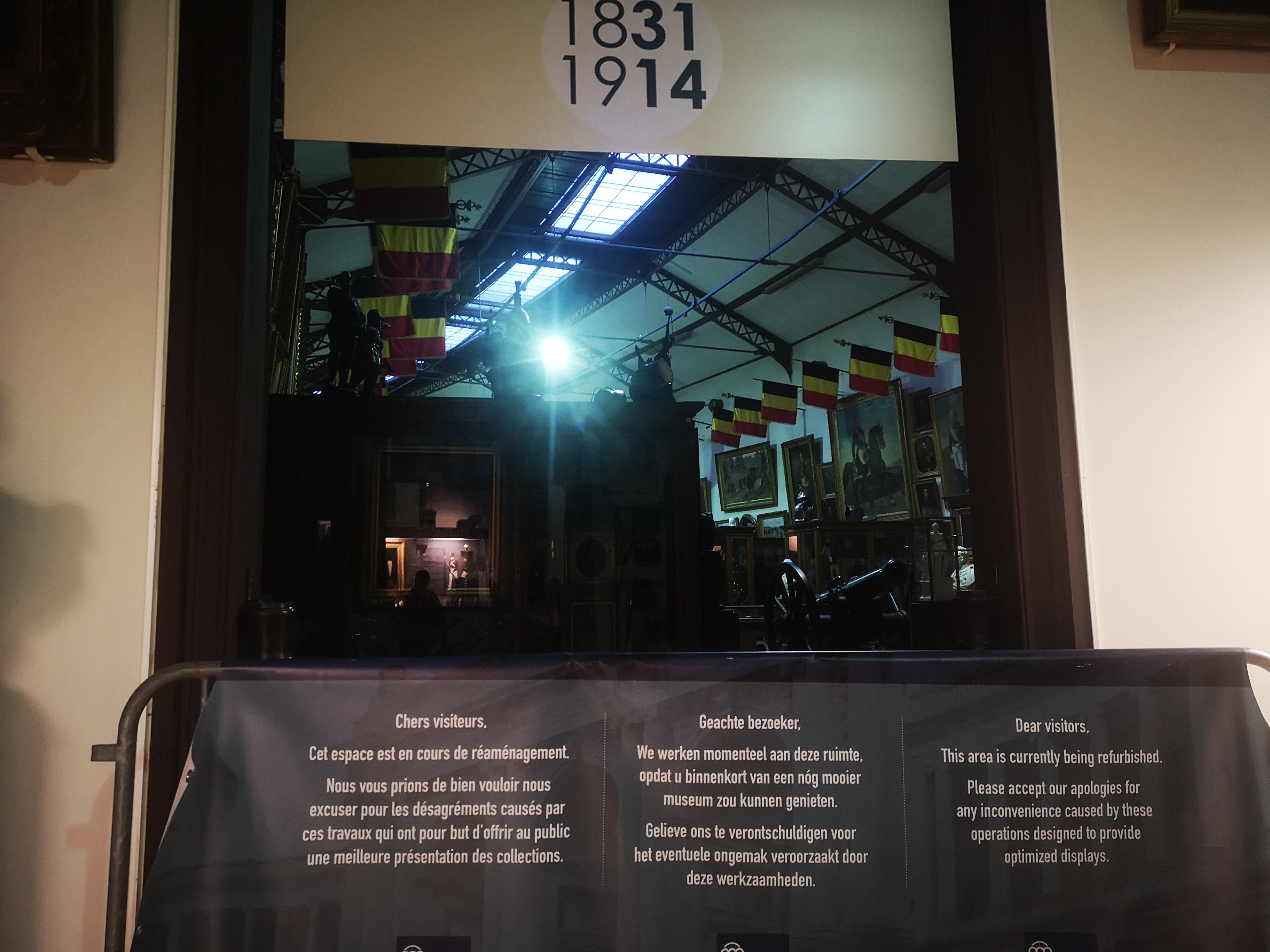 Building renovations signs in the museum, blocking off exhibits.