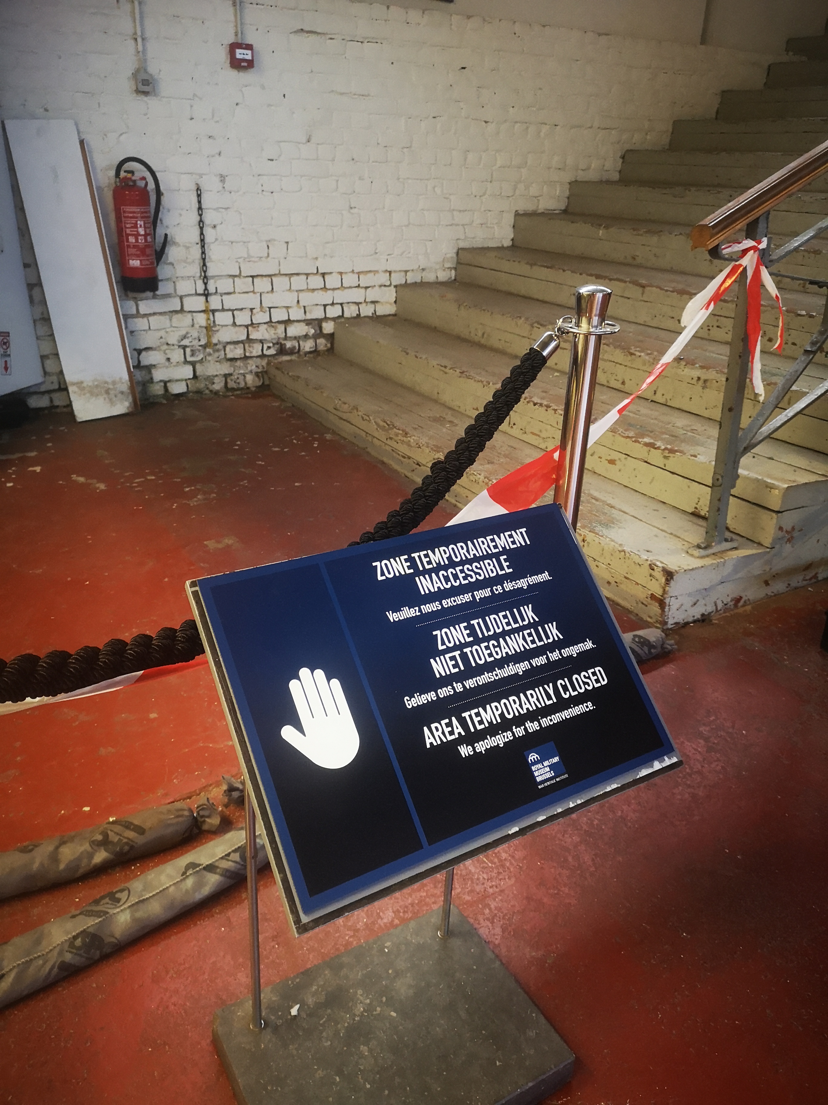 Building renovations signs in the museum, blocking off exhibits.