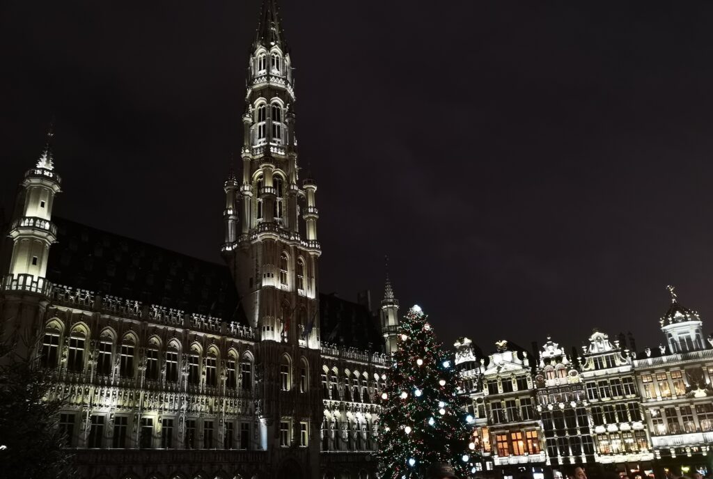 One of Brussels' highlights: The Town Hall at night, complete with a Christmas tree adorned with lights in the front-right of the image.