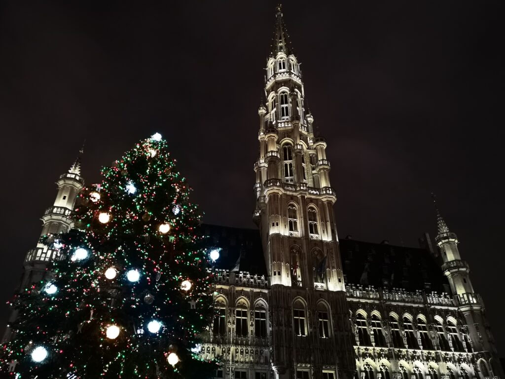 One of Brussels' highlights: The Town Hall at night, complete with a Christmas tree adorned with lights in the front-left of the image.