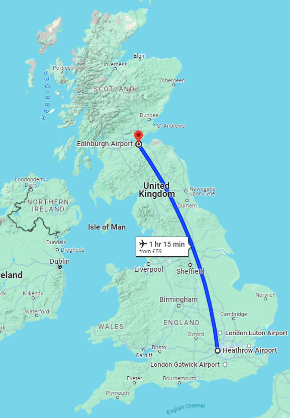 Flight path from Edinburgh to London - the flight for which I used carbon offsetting