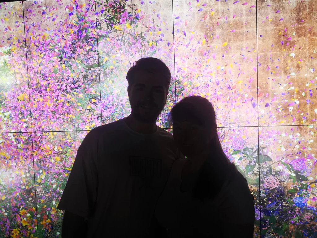 A man and a woman silhouetted against a backdrop of digital art depicting flower petals blowing away. Pink and purple petals. At the top Tokyo Attraction teamLab Borderless.