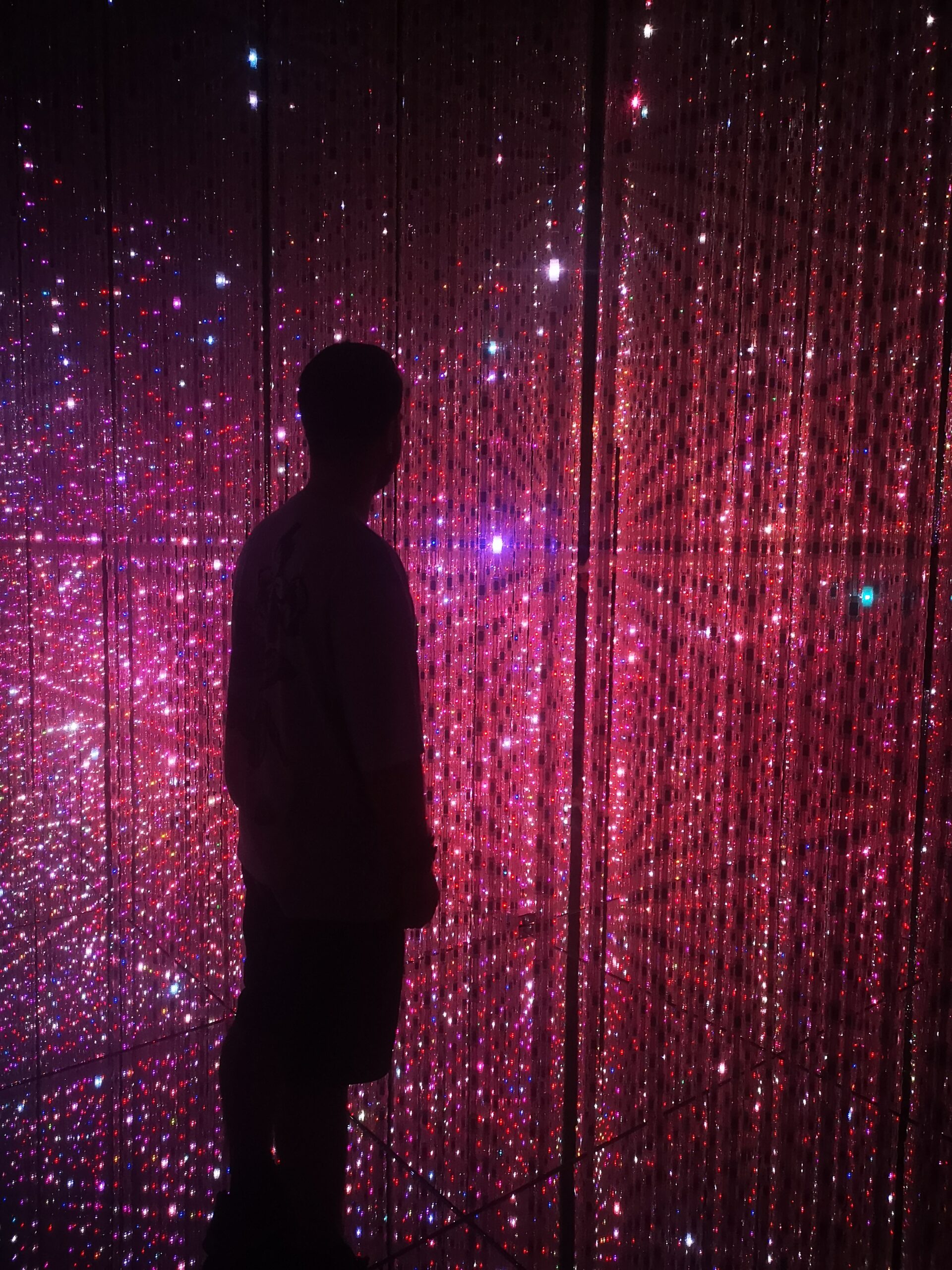 A man's silhouette standing in front of a pink and red LED artwork at the Top Tokyo Attraction